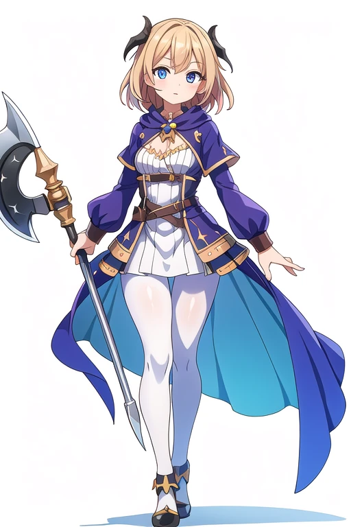 stand posture, cute eyes, adult woman,, solo, high fantasy outfits, ((white background)), full body, holding axe, pantyhose,