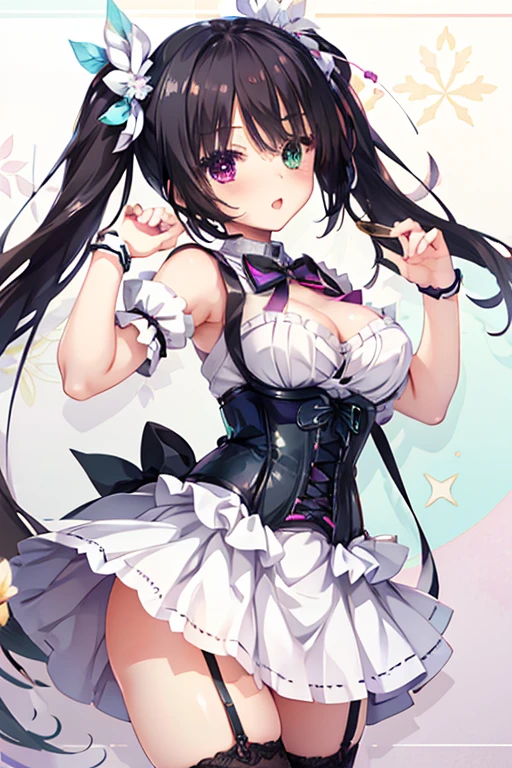 mesugaki,Magical Girl Costume,Bare Chest,Huge ,corset,Black hair in twin tails,(Heterochromia),b
lushed face(Loose Face)，Laughing with your mouth open,Garter Straps,Best image quality,highest quality