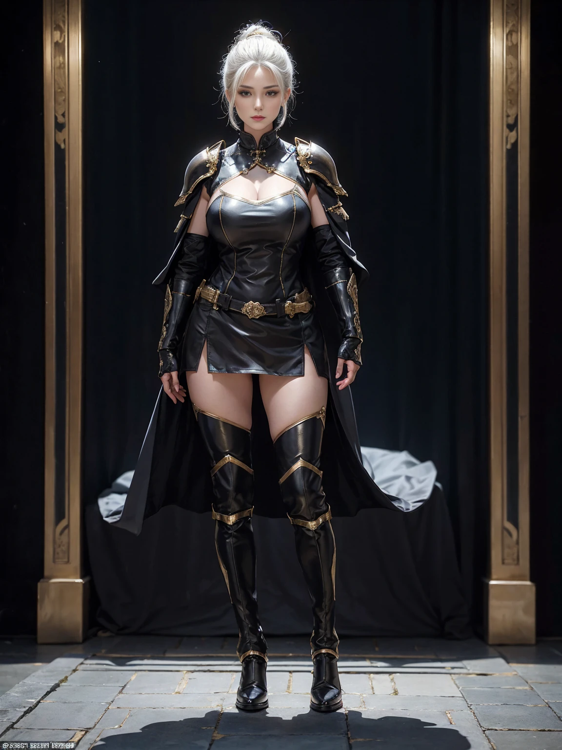 ((1 Full body single woman)) ,(Shooting from front), looking at the camera, centered image, tmasterpiece，A high resolution,Absolutely beautiful，a mature female，European warriors，goth, Fine and detailed eyes and detailed face，Tall and tall，big breast, white short hair with updo，She wears Ornately decorated plate armor，Full coverage armor，full body stockings, Armor gloves,  Armor pants，Armor boots，Show armor iron boots、The armor is made in gold、Exquisite details of the armor、capes, decor，Shogun， allure：（Tall：1.4），haughty，Mature temperament，（Wide buttock：1.4），（Thick thighs：1.4），Majesty，Rich scene detail，In the midst of the war，are standing，action