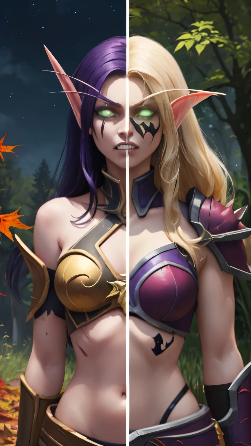 (Masterpiece, highly detailed, highly quality, highly resolutions), split theme ((SplitScreen, split screen, BREAK nightelf, angry, clenched teeth, scars on face, glowing eyes, blue eyes, Purple Hair, colored skin, mature female, purple midriff, navel, purple spike shoulder pad, platinum trim, green leaves, looking at viewer, forest, night, bare shoulders, spring season), (SplitScreen, split screen, BREAK bldelf, angry, clenched teeth, blood strains on faces, glowing eyes, yellow eyes, Blonde hair, colored sclera, mature female, red short shirt, navel, red shoulder pad, gold trim, yellow leaves, looking at viewer, forest, day, bare shoulders, Fall season))