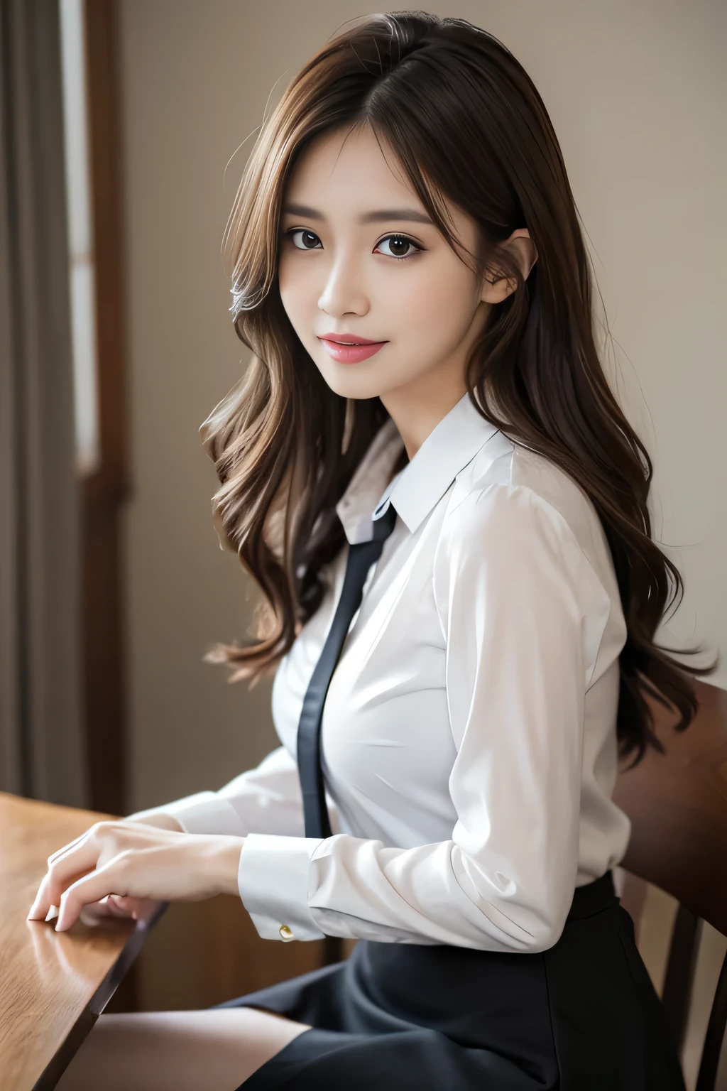 Tabletop, highest quality, Realistic, Very detailed, finely, High resolution, 8k wallpaper, One beautiful woman,, Light brown messy hair, He is wearing a black see-through dress shirt with an open collar....., Sharp focus, Perfect dynamic composition, Beautiful and detailed, Thinning hair, Detailed Realistic skin texture, smile, Close-up portrait, Model Body Type、president&#39;secretary、mini skirt、High heels、