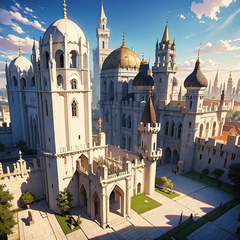 Create a medieval city The Ivory Citadel palace is a large white stone structure, with tall towers and ornate domes. Ao redor, there are houses also made of white stone, alinhadas em ruas estreitas. Os templos dedicados ao Deus Sagarius se destacam com suas torres altas