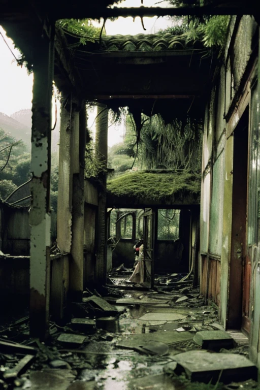 amusement park,moss,Collapse,Devastation,Inside the ruins is narrow,Showa,Glasses,Women,adventure,Black and White,
