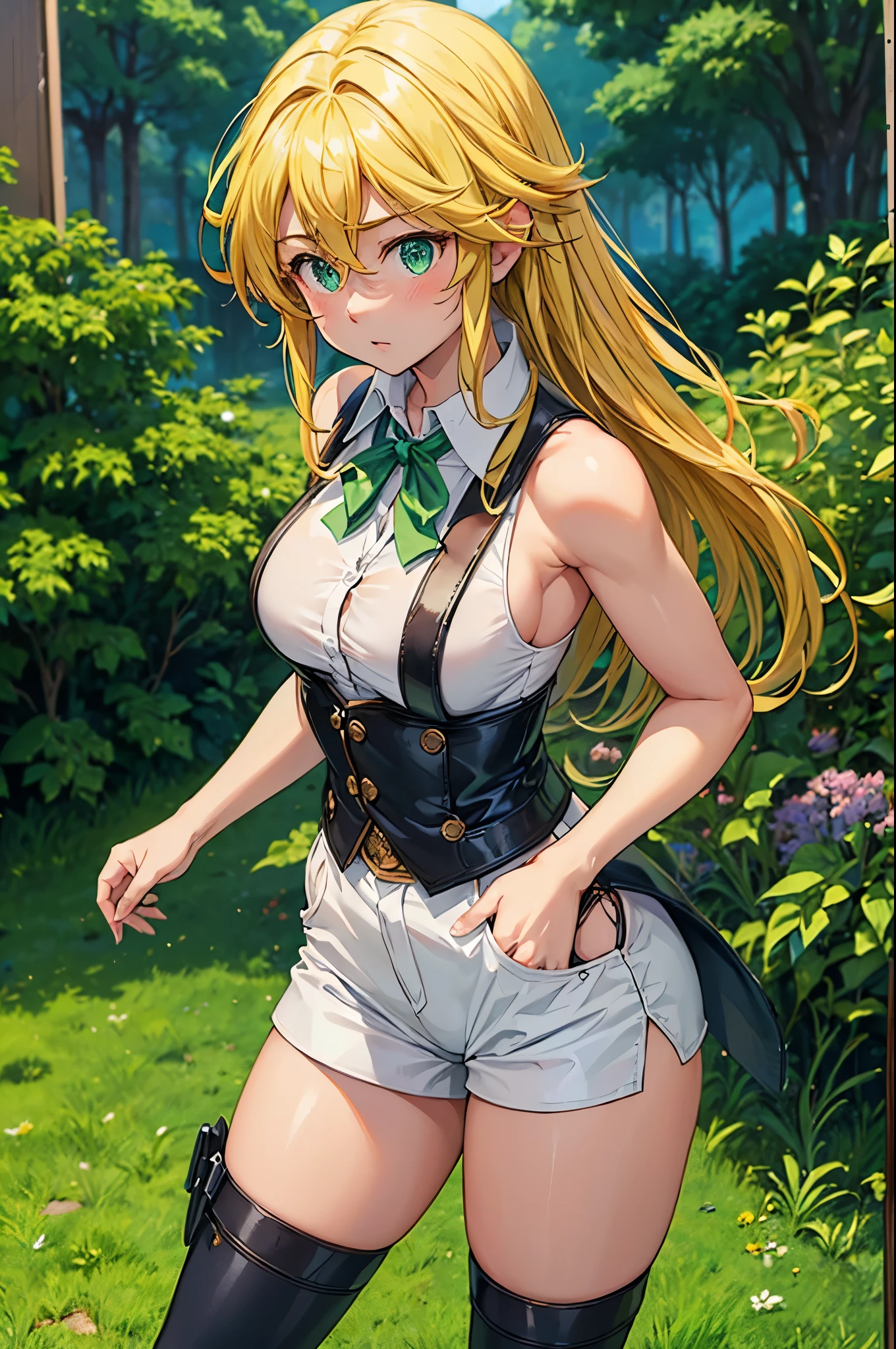 (masterpiece, best quality:1.2), expressive eyes, perfect face, highres, 1girl, solo, (female:1.5), meliodas_nanatsu_no_taizai, blonde hair, long hair, green eyes, white shirt, sleeveless vest, white pants, blushing, worried face, standing, cowboy shot, looking at the viewer