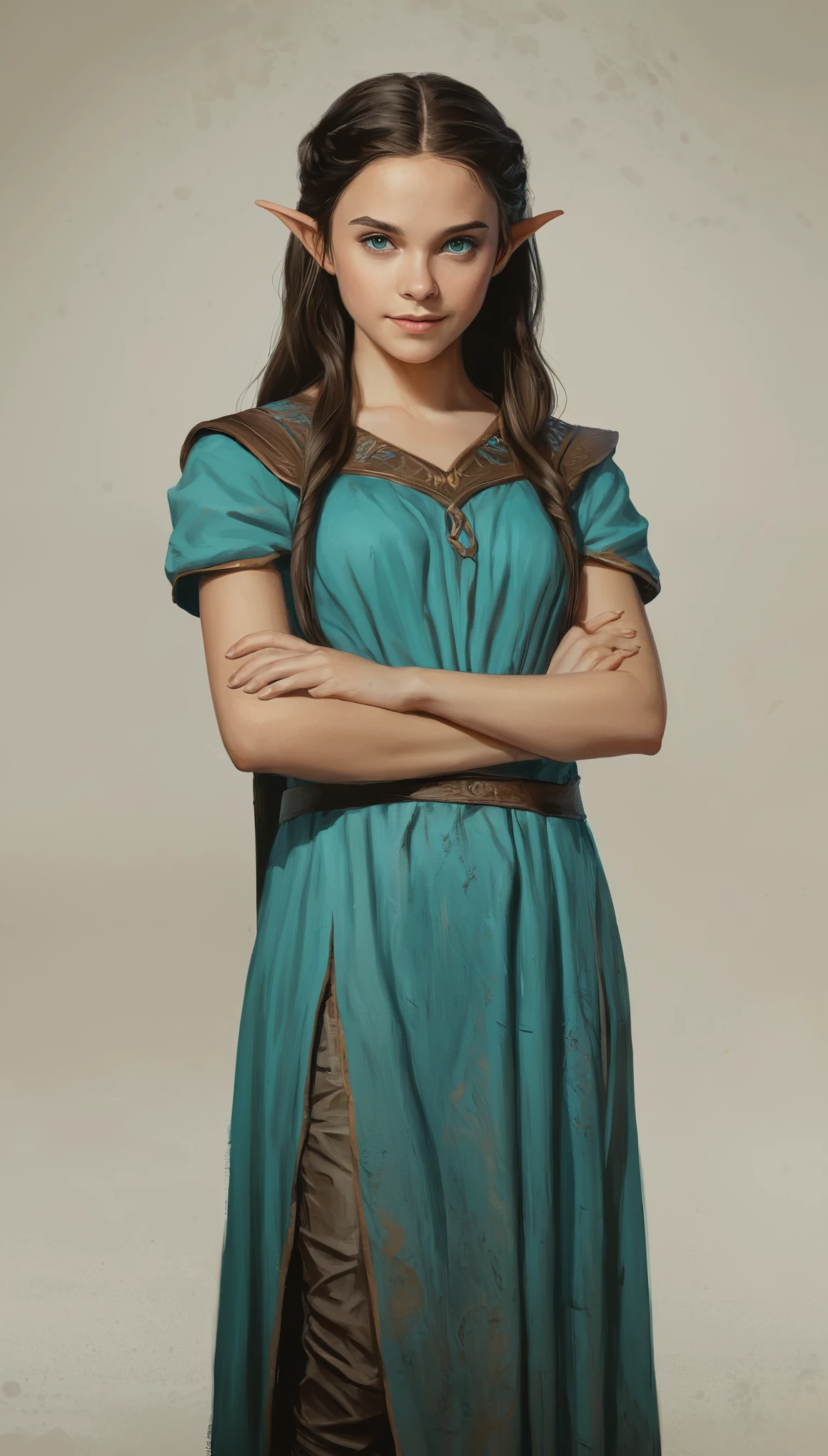 An illustrated movie poster, hand-drawn, full color, a young elven girl, wearing a servant's tunic, warm brown complexion, pointy elf ears, turquoise eyes, dark hair, long loose waves, waist-length hair, posing on a pedestal, hard shadows, graphite shading, stencil marks, airbrushed acrylic paint, masterpiece, in the style of Game of Thrones