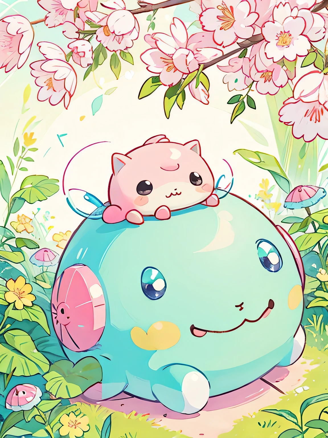 Momoko Sakura style, kawaii design,Cute colorful pillbug, Beautiful spring noon