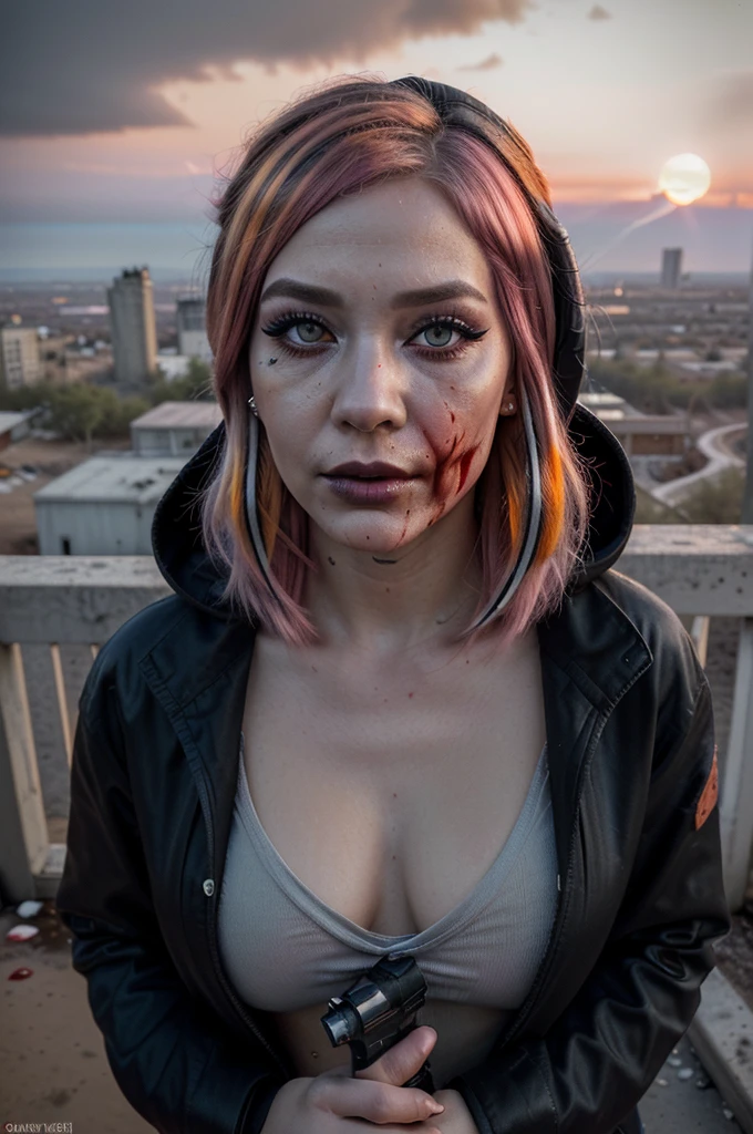 ((Best quality, 8k, Masterpiece: 1.3, realistic)), 30 year old woman, ((Pink hair with orange/blue highlights)), Zombie apocalypse, Pistol holster strapped to leg, Desert Eagle Pistol in Right hand, Black Cargo pants, Black coat with hooded, backdrop of city burning, Looking at viewer, Dark and stormy day, raining, sunset, Smoky atomsphere, ((Eye makeup, pink mascara)), (((ultra realistic))), masterpiece, Small nose, Sharp focus: 1.2, Multiple Ear Piercings, right side stud nose piercing, ((very detailed eyes, very detailed iris)), Taken with Nikon Z 14mm ultra wide-angle, radiant light rays, high resolution, high detail, spooky atmosphere, looking at viewer, smoke in sky, Burning, depth of field, ((she has blood on her with cuts and scratches)),