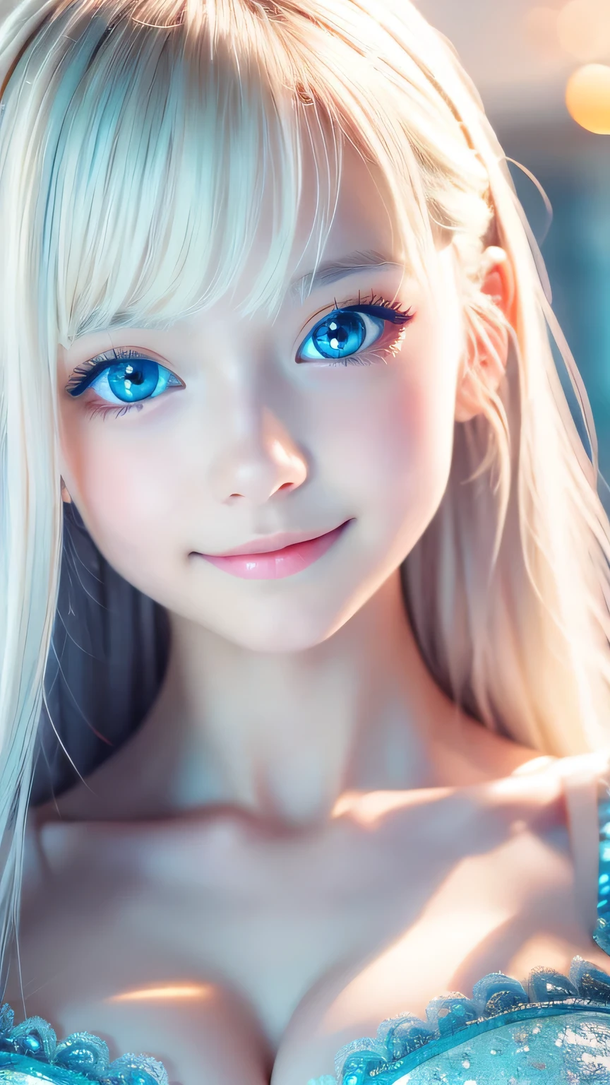 Mastepiece, Best Quality, Illustration, Super detailed, Fine details, High resolution, 8K Denden Wallpaper, Perfect dynamic composition, Beautiful detailed bright sparkling pale sky blue eyes, Women&#39;s Fashion Summer,Super long platinum blonde hair、Bangs between the eyes、,Big Breasts、Natural color lip, Bold sexy pose,A shy smile,Cute、20 year old girl、Small Face Girl、Sexy shot looking at the camera、Cheek highlighter