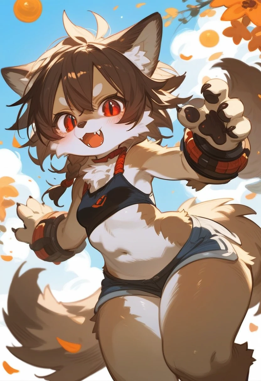 score_9, score_8_up, score_7_up, score_6_up, score_5_up, BREAK source_furry, rating_safe, 1girl, furry, upper body, wolf ears, wolf tail, brown fur, fluffy, , cub, small breasts, wide hips, big ass, thick thighs, red eyes, blush, open mouth, fangs,
