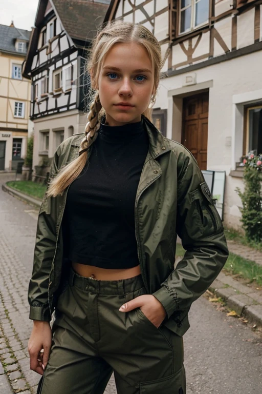 A blonde  girl dressed in scant feminine military clothing with a black shirt and cammo pants and jacket has a pony tail and she is taking a selfie in a german town of the countryside.