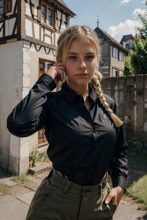 A blonde teen girl dressed in scant feminine military clothing with a black shirt and cammo pants and jacket has a pony tail and she is taking a selfie in a german town of the countryside.