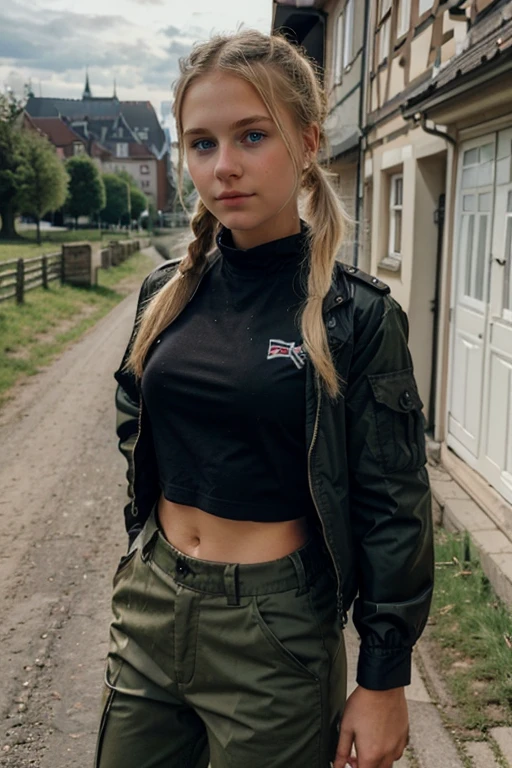 A blonde  girl dressed in scant feminine military clothing with a black shirt and cammo pants and jacket has a pony tail and she is taking a selfie in a german town of the countryside.