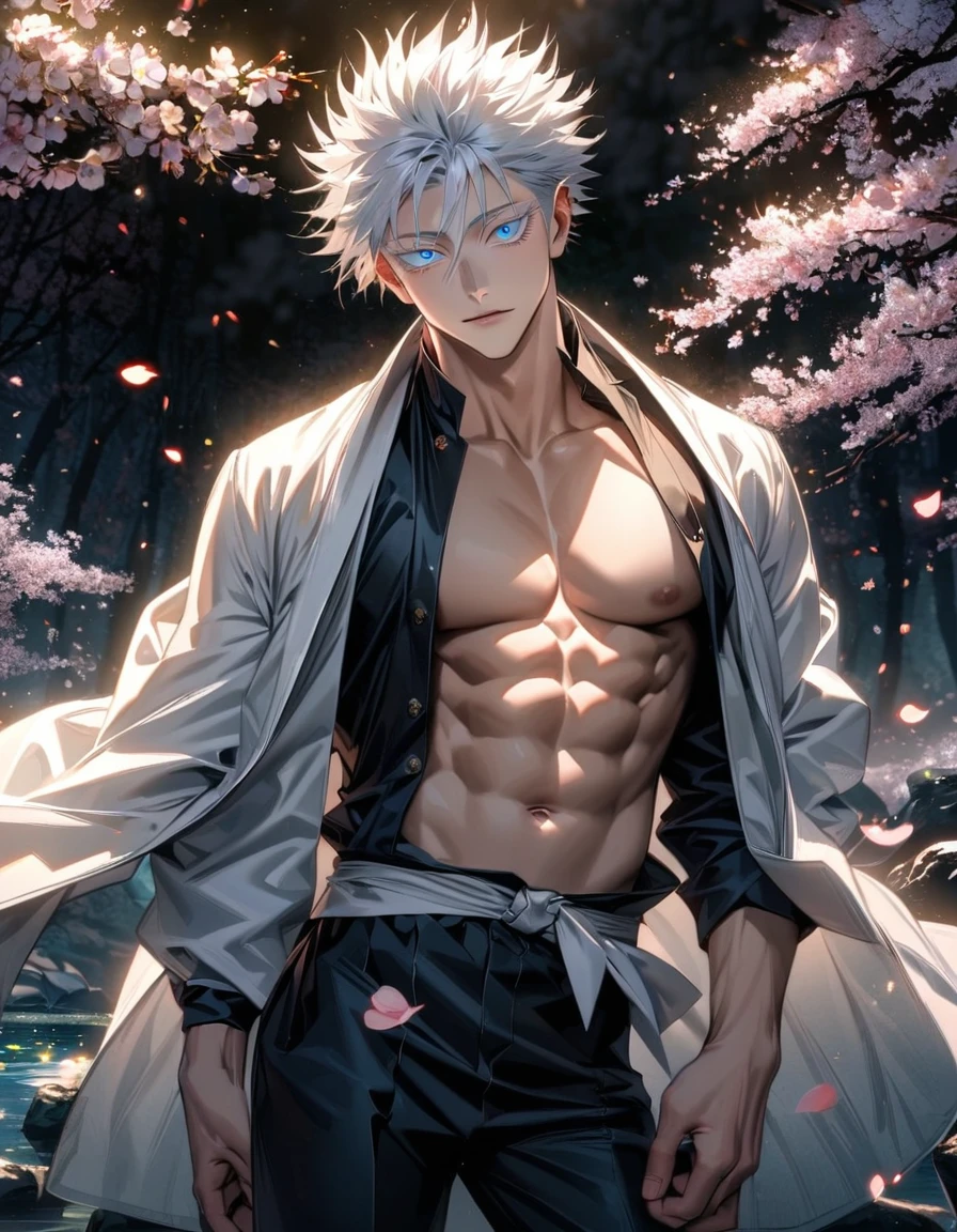 Ultra detailed, highres, absurdres, HDR, Gojo Satoru, white hair with bangs, blue eyes, white eyelashes, Jujutsu Kaisen, blossoms, spring, petals, fireflies, sexy man, solo, extremely handsome, very detailed face and eyes, black shirt, white coat, black pants, toned chest,