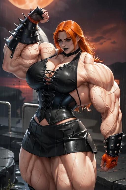 ((((Massive, tall, beautiful, buff, wet, pale white skinned muscular woman with orange hair, black lipstick, ginormous bulky muscles, flexing muscles and wearing a black leather corset with loose skirt)))), (red background), close view, (massive muscles), massive biceps, hyper muscle shoulders, hyper muscle triceps, (shaggy long hair), (glowing green eyes), choker, (chain belt), black boots, (spiked gauntlets), (fingerless gloves), (in a raining dark island), confident smirk, night, red moon, (red skies), hyper vascular arm, hyper muscles arms, hyper muscle legs, (ginormous arms).