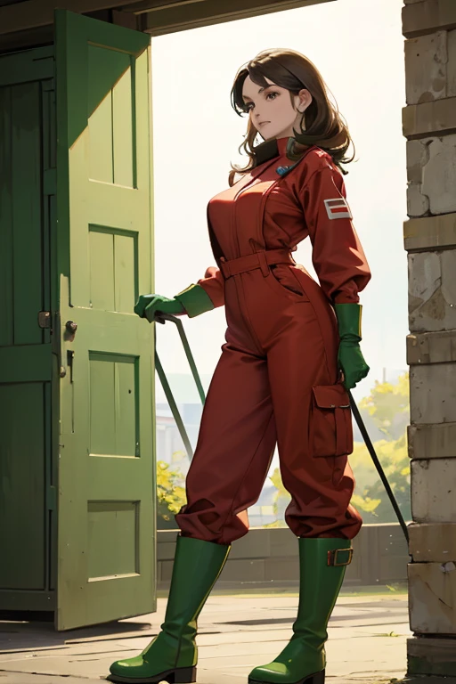 Wearing a red jumpsuit、Mature woman wearing long green gloves and green boots
