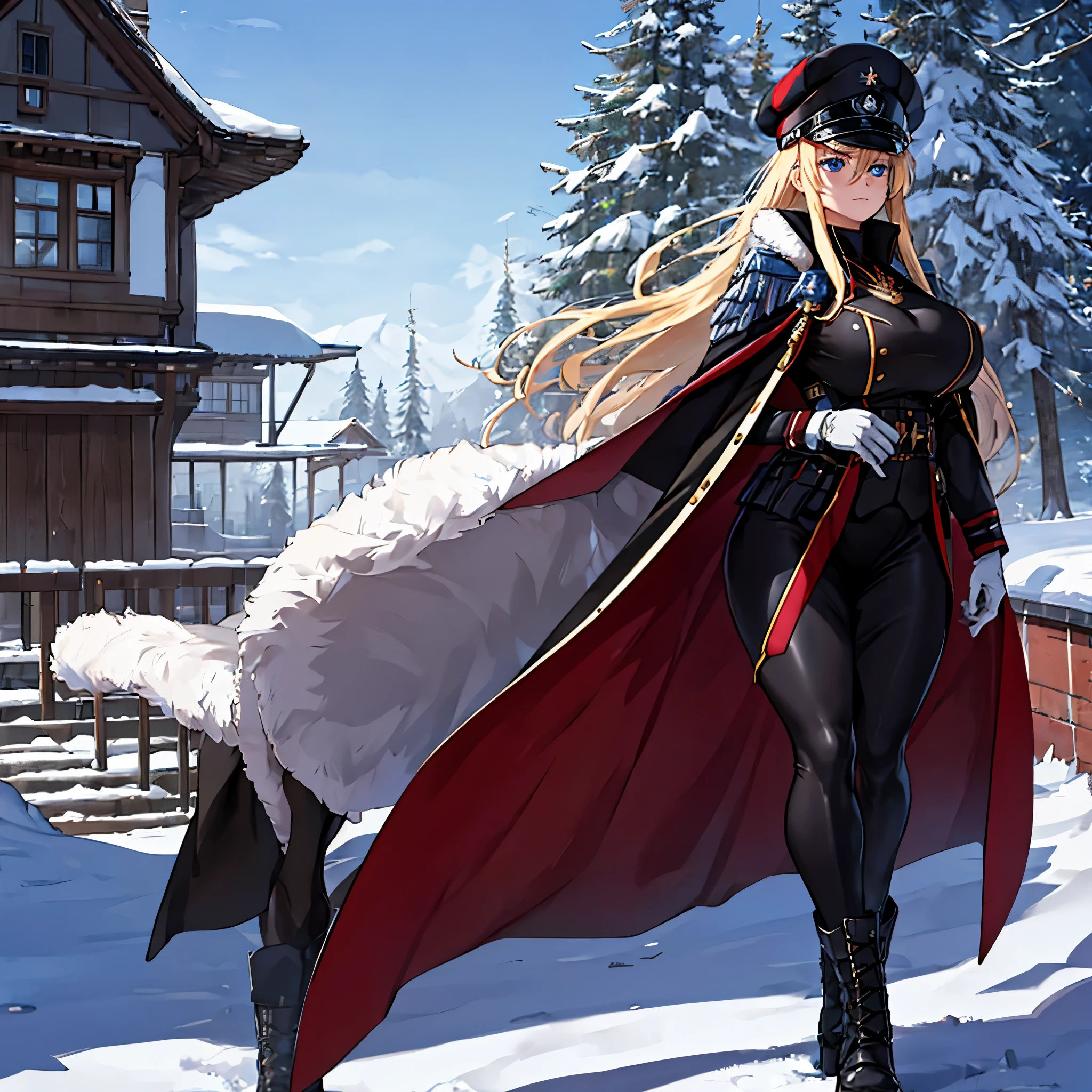 A woman wearing a cold military uniform, black uniform with red details, cold fur cape, long black cape, military boots, big breasts, blue eyes, long blonde hair, black military hat, walking at the high point of a traditional German town , winter weather, snow-covered place, full body,.HDR, ultra resolution, well defined, masterpiece, 8K HD. (solo woman)