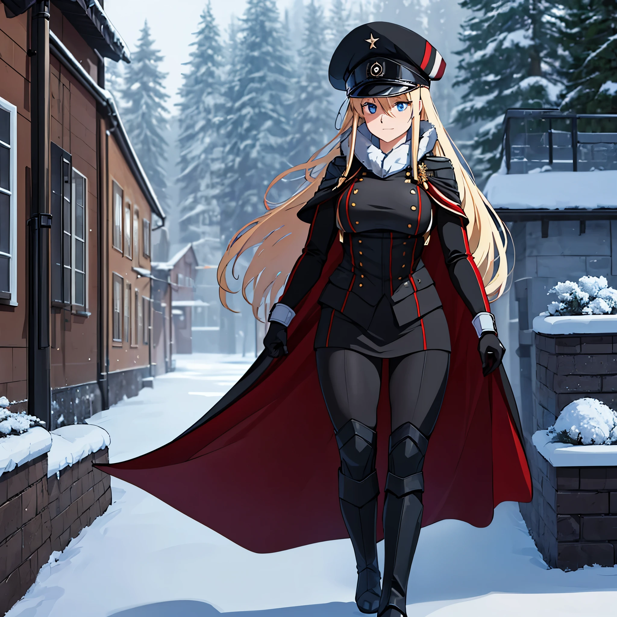 A woman wearing a cold military uniform, black uniform with red details, cold fur cape, long black cape, military boots, big breasts, blue eyes, long blonde hair, black military hat, walking at the high point of a traditional German town , winter weather, snow-covered place, full body,.HDR, ultra resolution, well defined, masterpiece, 8K HD. (solo woman)
