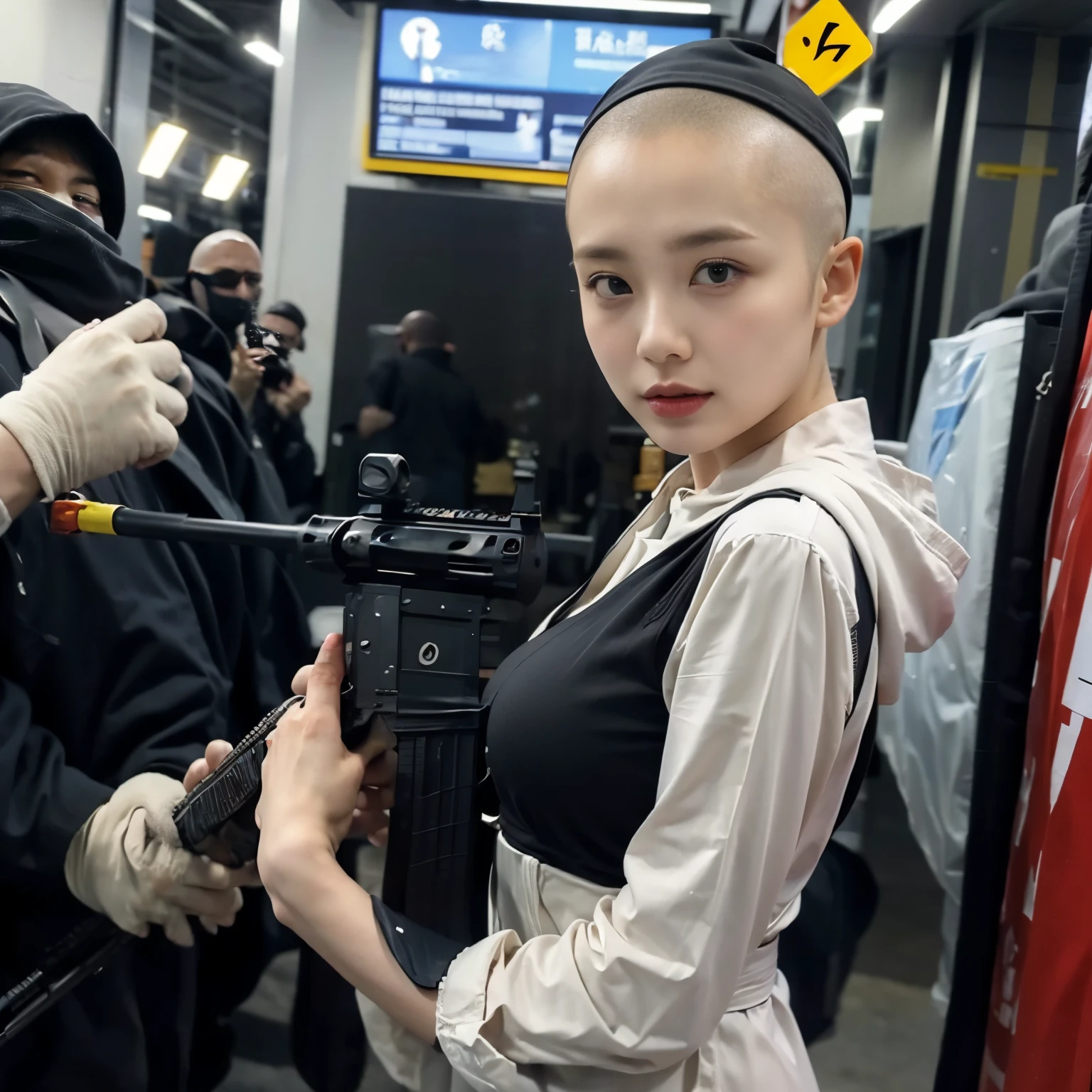 A beautiful nun、Lingerie except for the hood、Cowboy Shot、Big Breasts、(Skinhead:1.5)、(Aiming an assault rifle at the viewer:1.67)