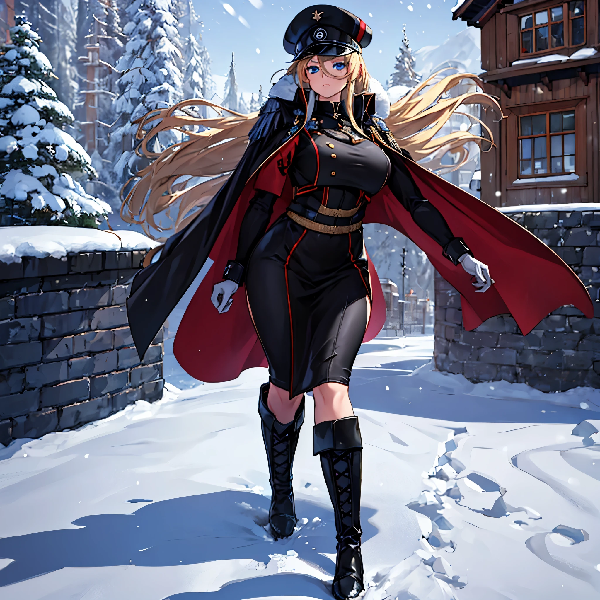 A woman wearing a cold military uniform, black uniform with red details, cold fur cape, long black cape, military boots, big breasts, blue eyes, long blonde hair, black military hat, walking at the high point of a traditional German town , winter weather, snow-covered place, full body,.HDR, ultra resolution, well defined, masterpiece, 8K HD. (solo woman)