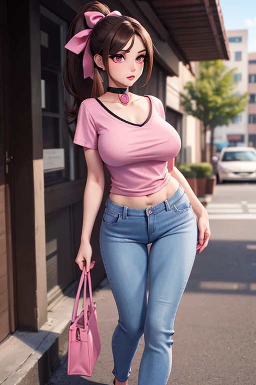 brunette hair, long ponytail, Huge saggy breasts, skinny waist, slender face  full body, fully clothed, hair ribbon pink, walking, young, beautiful, big pink eyes, realistic, looking to the side, heels, choker, eyeliner, pink lip gloss, tight v-neck t-shirt, flared jeans,  