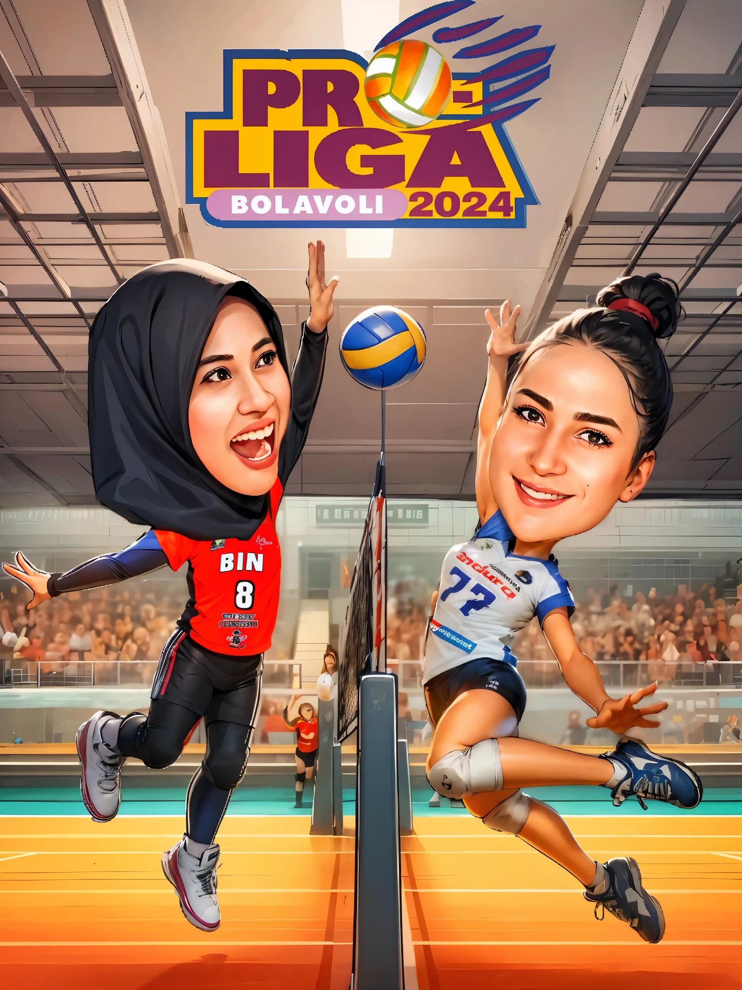 a cartoon of two women playing volleyball, one wearing a hijab and the other not, volleyball, game cover, 2024, 2 0 2 4, game poster, ๐๐๐โบ๐๐๐, caricature illustration, official fanart, caricature, cover shot, sport game, mobile game, art cover illustration, cover illustration, fanart, Indonesia, in cartoon style, anime cover,