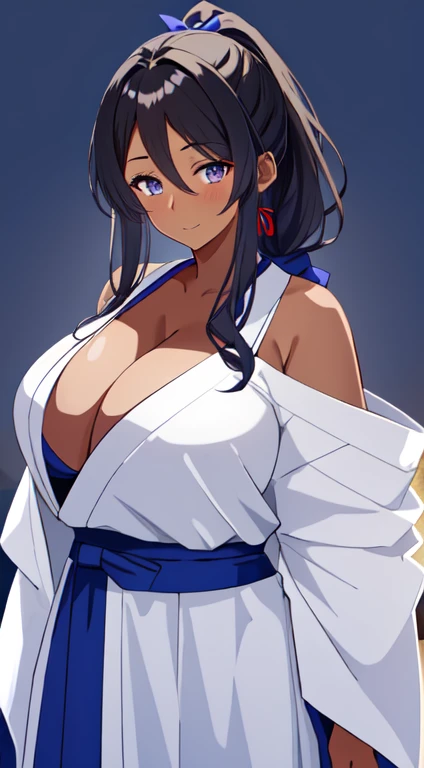 masterpiece, best quality, anime Illustration, 4k, 1 girl, solo, standing, long hair, black hair, violet eyes, high ponytail, blue hair ribbon, blue ribbon, blue hakama and white kimono, big breasts, huge breasts, looking_at_viewer, motherly smile, upper_body, dark skin, ((Village background:1.0)), ((dark skin: 1.5)), , ((parted bangs: 1.4)),  parted bangs, large forehead