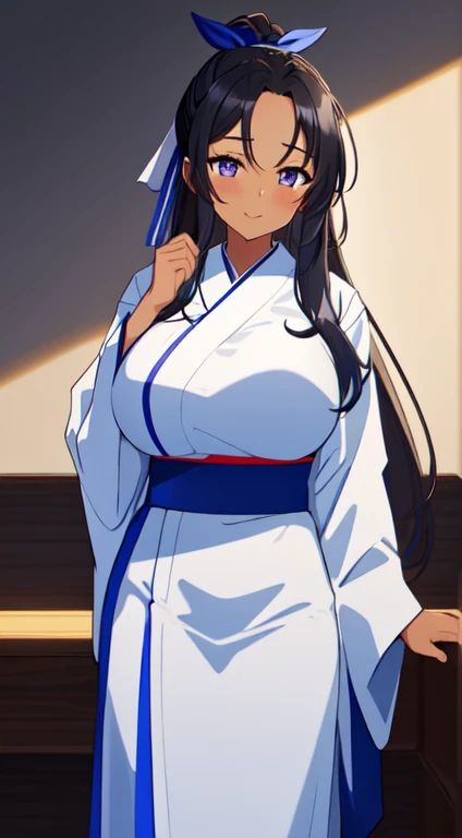 masterpiece, best quality, anime Illustration, 4k, 1 girl, solo, standing, long hair, black hair, violet eyes, high ponytail, blue hair ribbon, blue ribbon, blue hakama and white kimono, big breasts, huge breasts, looking_at_viewer, motherly smile, upper_body, dark skin, ((Village background:1.0)), ((dark skin: 1.5)), , ((parted bangs: 1.4)),  parted bangs, large forehead