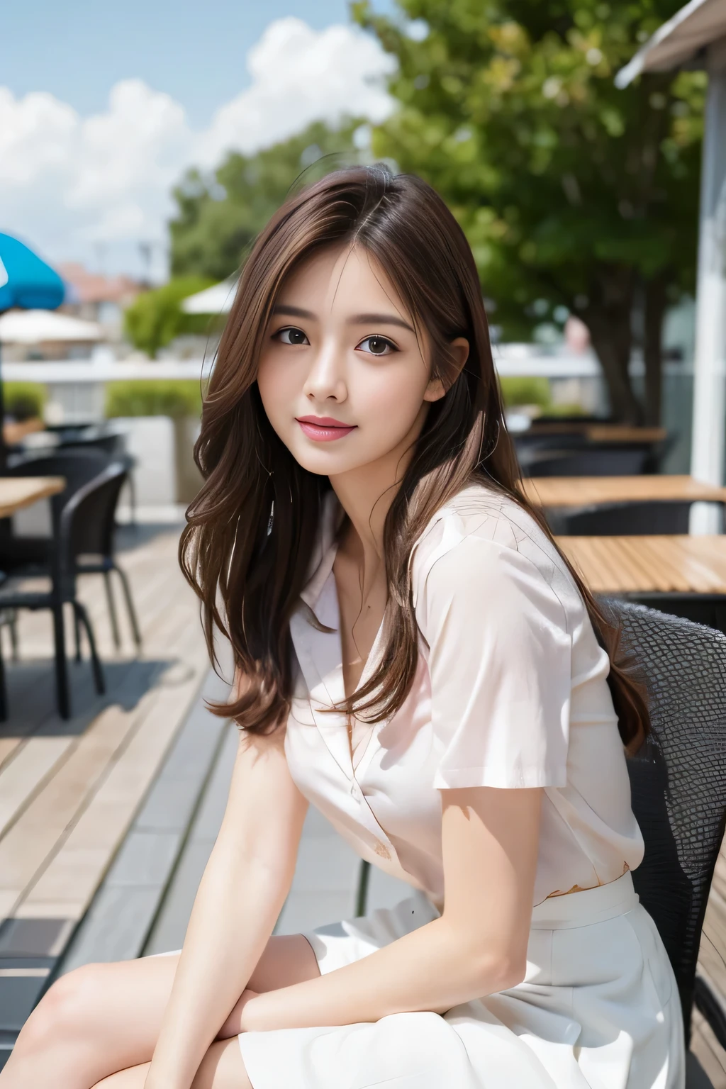 highest quality, Realistically, Very detailed, More about pubic hair, High resolution, 8k wallpaper, One beautiful woman, Pink wet lips, Light brown messy hair, Wearing a suit, shirt, White Skirt, Lock focus, Perfect dynamic composition, Beautiful Eyes, Delicate Hair, Detailed Realistically skin texture, smile, Close-up portrait, Model Body Type, On the open terrace of the cafe, blurred background, (full body shot), Take photos from a distance, Random body orientation,Sitting on a chair、
