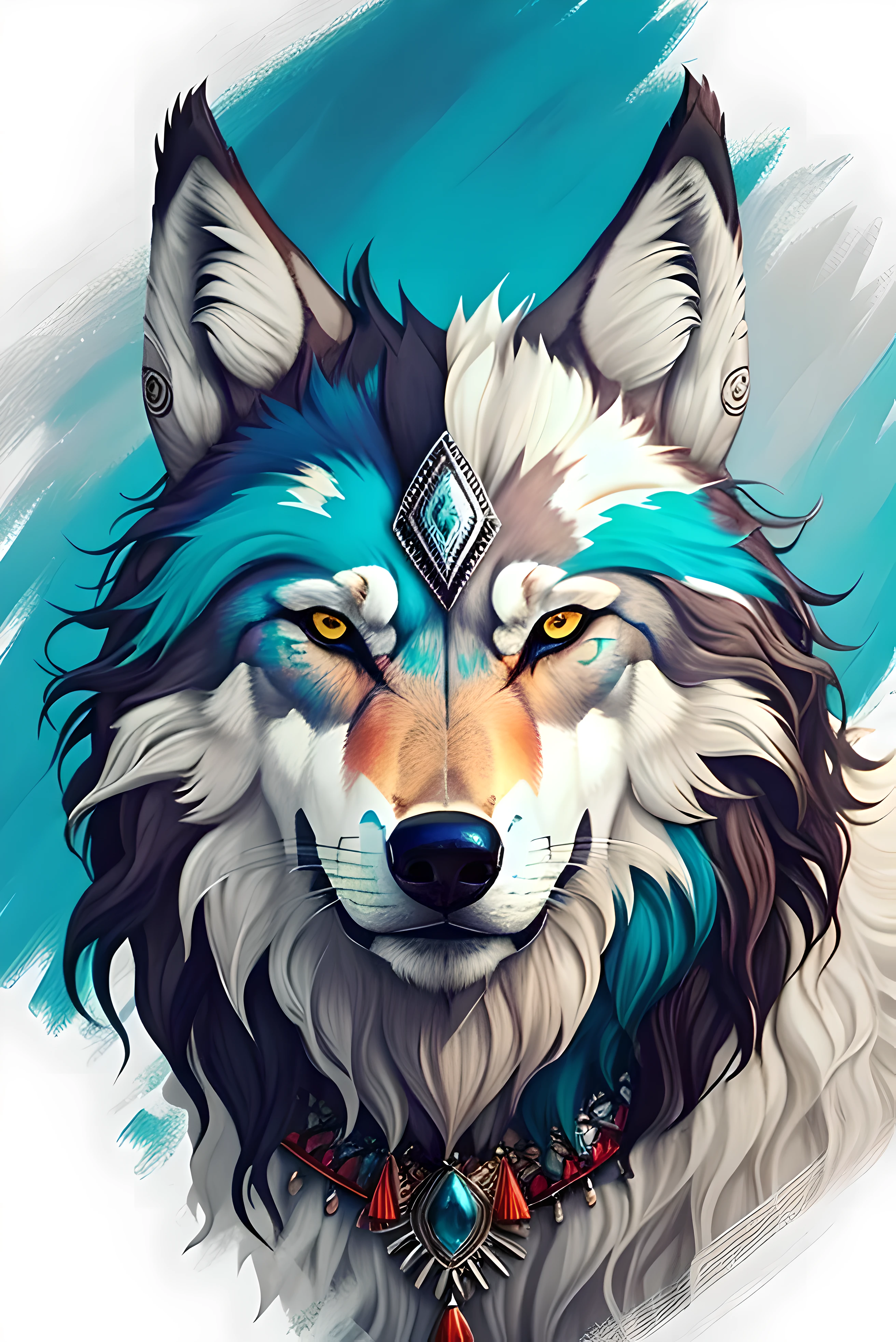 Lobo nativo americano / Arte animal / Imagen de lobo / Impresiones de lienzo / Impresiones de metal / Wall decoration, En esta cautivadora obra de arte digital, a majestic wolf draws attention on a crisp white background, acentuado por atrevidas rayas de azul zafiro intenso, que recuerdan al estilo de los nativos americanos. Algunas plumas de adorno, symbolizes a powerful guardian of dreams with a touch of bohemian style. Los ojos del lobo, iluminados en un fascinante color turquesa, They emit an aura of deep connection with the spiritual realm. This piece invites contemplation of the ethereal nature of dreams and their firm protectors., blurring the boundaries between reality and the subconscious in a fusion of Native American and bohemian aesthetics. a drawing of a lobo with feathers and feathers on it's head, An airbrush painting, contraventana, arte peludo, blue lobo, angielobo, lobo, great lobo, wolp, photo of lobo, lobos y sus tesoros, animales hermosos detallados, lobo portrait, fantasy lobo portrait, furry lobo, alpha lobo head, half lobo, fondo blanco, mirada al horizonte de perfil. plumas a su alrededor