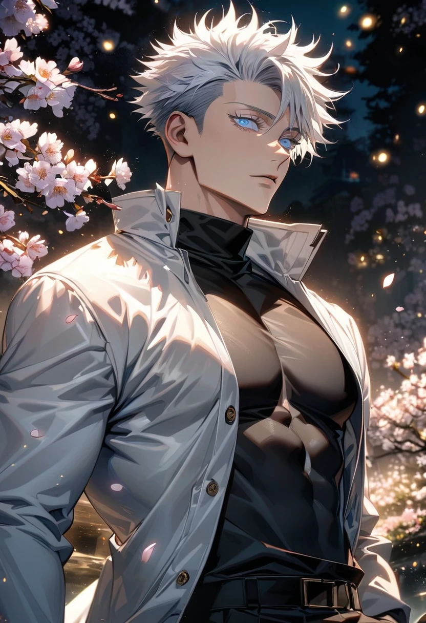 Ultra detailed, highres, absurdres, HDR, Gojo Satoru, white hair with bangs, blue eyes, white eyelashes, Jujutsu Kaisen, blossoms, spring, petals, fireflies, sexy man, solo, extremely handsome, very detailed face and eyes, black shirt, white coat, black pants, toned chest,