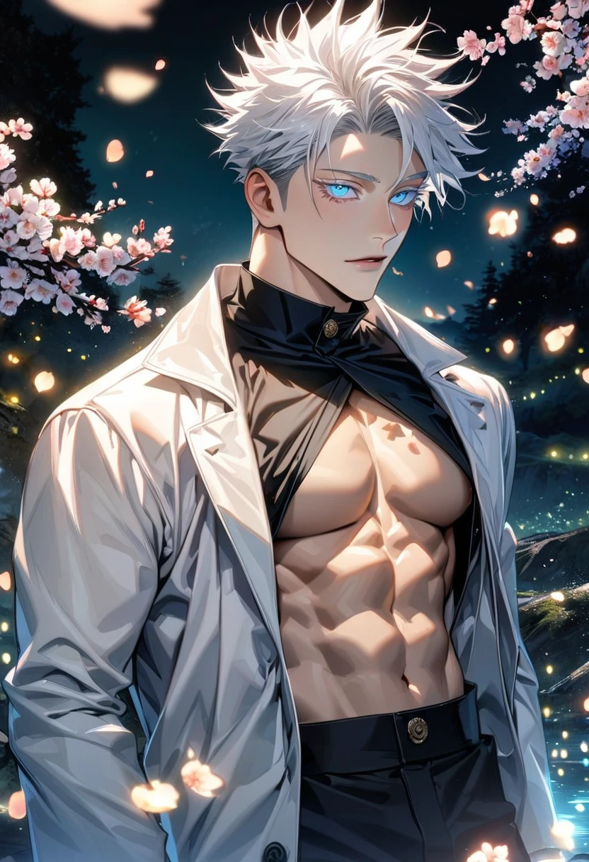 Ultra detailed, highres, absurdres, HDR, Gojo Satoru, white hair with bangs, blue eyes, white eyelashes, Jujutsu Kaisen, blossoms, spring, petals, fireflies, sexy man, solo, extremely handsome, very detailed face and eyes, black shirt, white coat, black pants, toned chest,