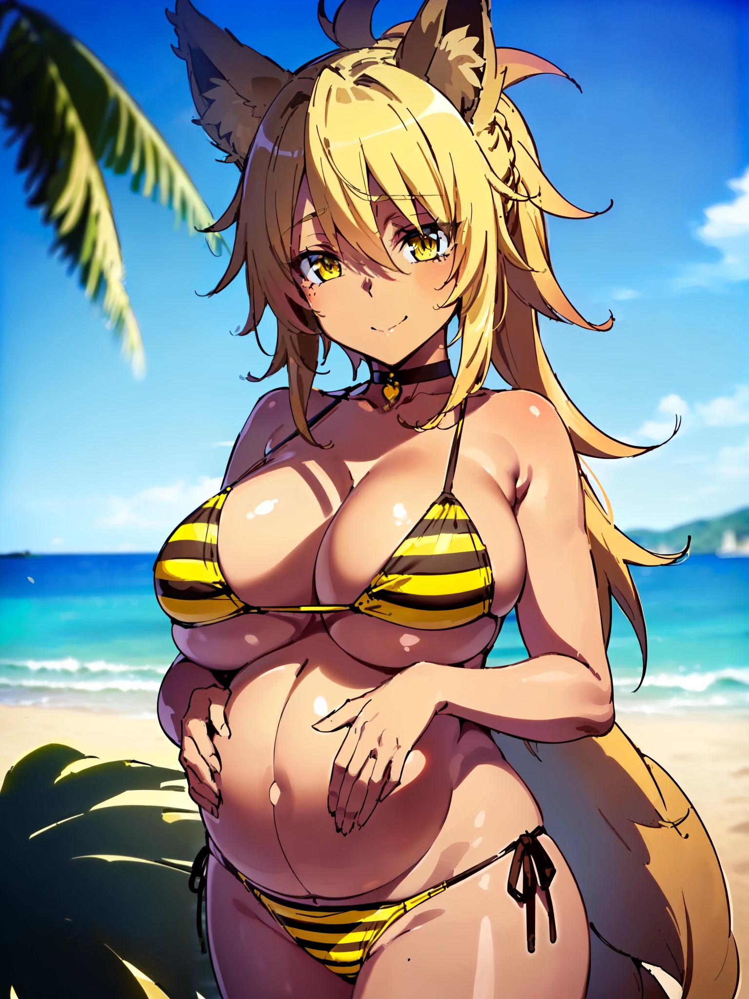 masterpiece, best quality, extremely detailed, 1girl, solo, (dark skin, brown skin:2), kunou, (huge breasts:1.3), ((((blonde hair), long hair, yellow eyes, fox ears))), parted lips, (((choker, bikini, yellow-striped bikini, panties))), (pregnant), ((naughty smile), closed mouth), ((hands on own stomach, outdoor, beach))