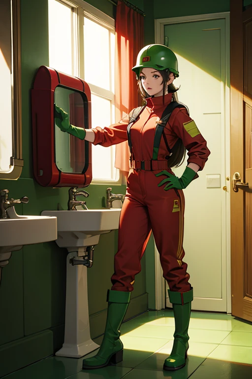 In the bathroom, wearing a red jumpsuit and helmet、Mature woman wearing long green gloves and green boots