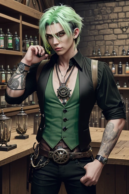 Guy in his 20s light green hair Steampunk vest black shirt black jeans slim muscular build pentagram medallion looking straight at viewer in potions store background black belt with star-shaped buckle holding a crystal 