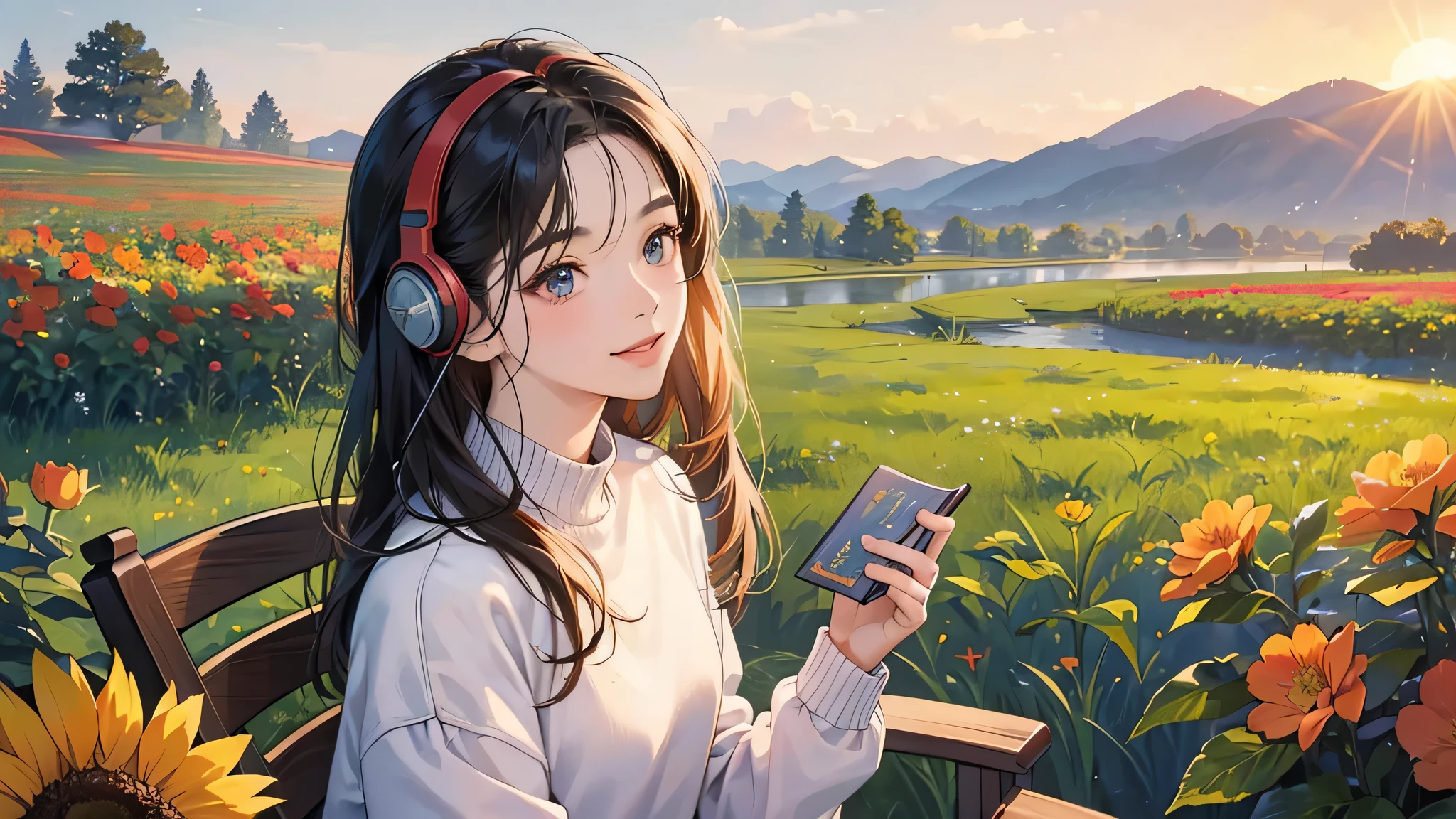 ((masterpiece)),(((highest quality))),((Very detailed)) Realistic, 1 girl, Korean women, beautiful, Sit on a chair, Wear a sweater, beautiful sunrice, alone, Using headphones, In the morning the sky turns red, smile, avert your eyes, flower, White rose flower, I read a book, in the garden, Outdoor.