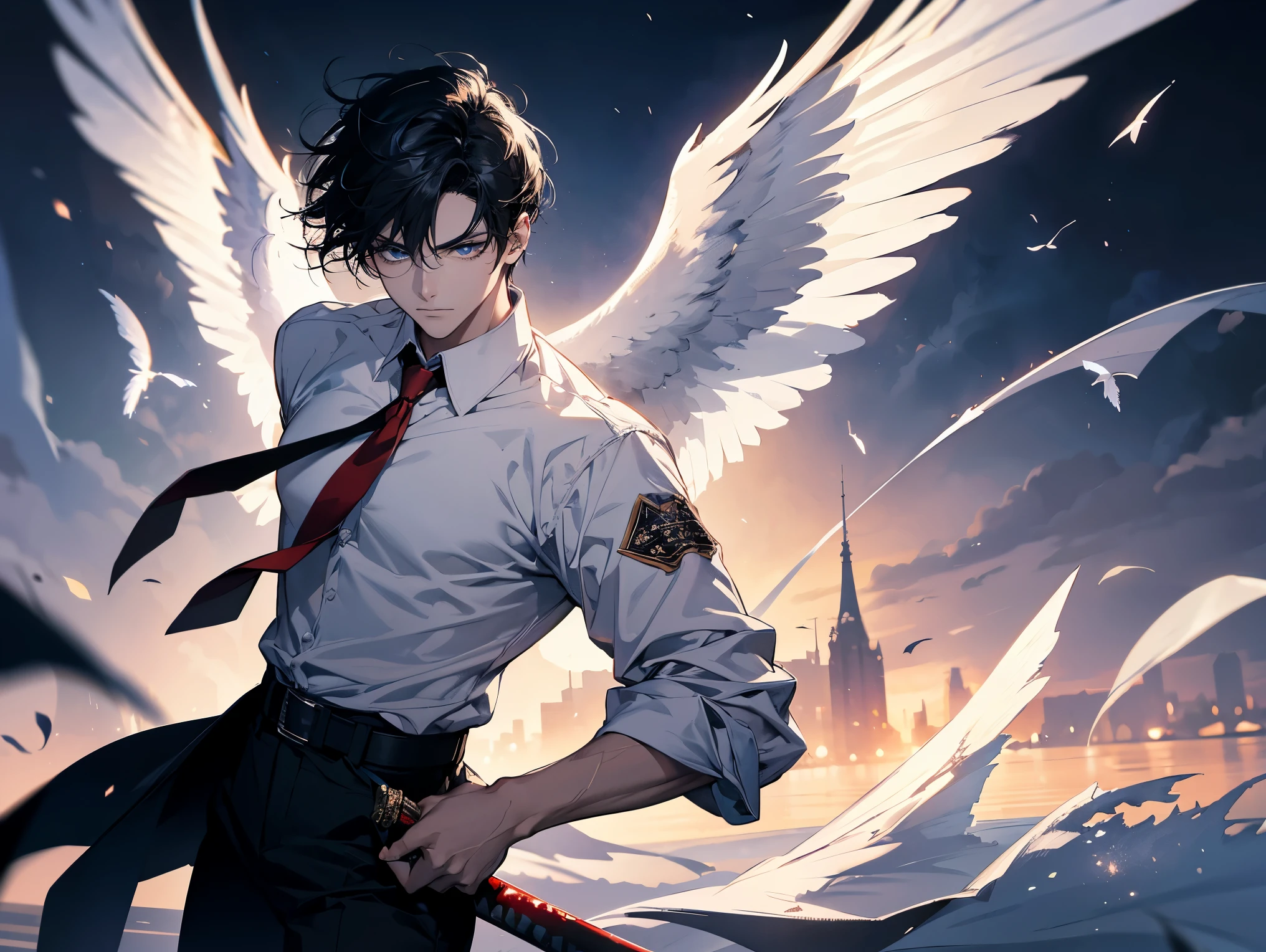 1 male,, 26 year old, masculine, short black hair, Attractive, red tie, White shirt, Rolled up sleeves, Black belt, Black pants, Beautiful blue eyes、beautiful hair、no expression, holding a sky blue sword, black hilt, Trending on ArtStation, 8K resolution, Highly detailed, Anatomically correct, Sharp Image, Digital Painting, Concept art, of the highest quality、galaxy background, flying pages forming wings