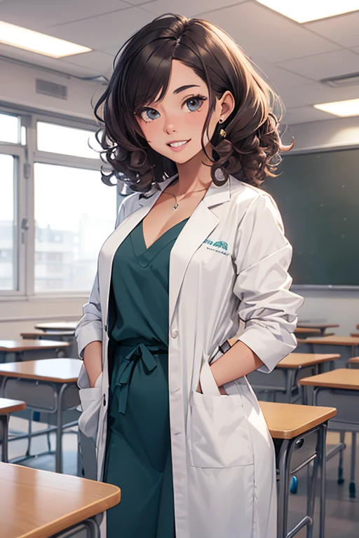 a dental student with curly hair in a classroom and on her gown has the name "Helen Cadena"