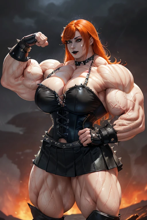 ((((Massive, tall, beautiful, buff, wet, pale white skinned muscular woman with orange hair, black lipstick, ginormous bulky muscles, flexing muscles and wearing a black leather corset with loose skirt)))), (red background), close view, (massive muscles), massive biceps, hyper muscle shoulders, hyper muscle triceps, (shaggy long hair), (glowing green eyes), choker, (chain belt), black boots, (spiked gauntlets), (fingerless gloves), (in a raining dark island), confident smirk, night, red moon, (red skies), hyper vascular arm, hyper muscles arms, hyper muscle legs, (ginormous arms).