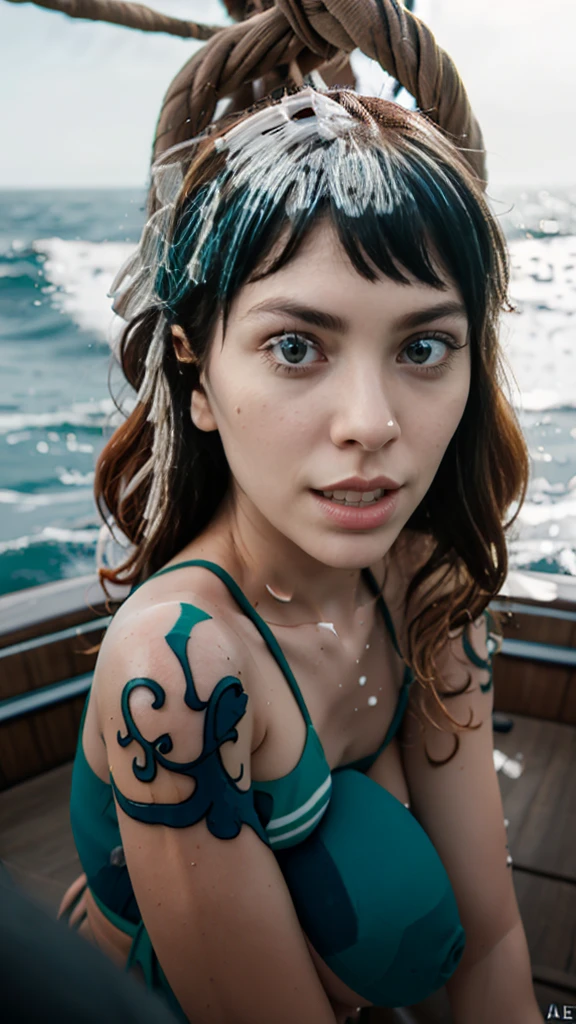 masterpiece、(Photorealistic:1.5)、Top quality、Beautiful Lights、Ocean Pirate Ship、us \(piece\),28 years old、Model style、Small to medium breasts、1 woman,Ocean,on board、Blue-green swimsuit, jeans、Sculpting pose, Sexy pose、Attractive composition、Length of hair, View viewr, Smile, Orange Hair, tattoo on shoulder, solo, Wheels within wheels, High Detail, sharp focus, dramatic, Beautiful woman , (Original Photography, 8k ultra high definition, Film particles), Caustic lines, Subsurface scattering, reflector, (Ahegao:1.5), Roll your eyes, (Roll your eyes:1.5), Bare breasts