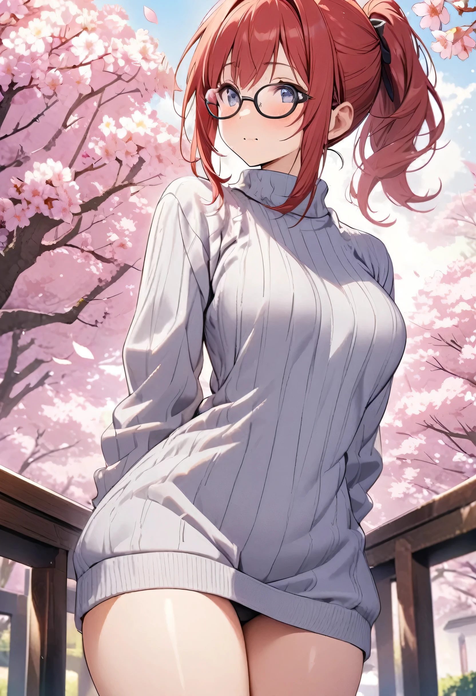 Red hair ponytail Glasses Shyness Thighs sweater cherry blossoms Tight pants