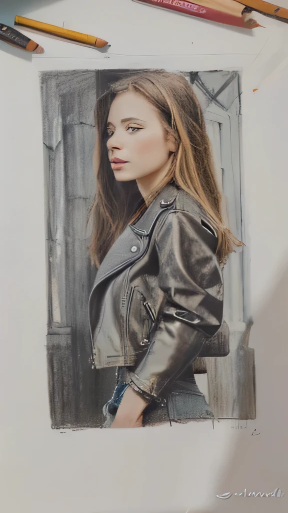 drawing of a woman in a leather jacket with a pencil, clothed non - nude retrato, A colored pencil sketch, a retrato of a girl, pencil and charcoal, side retrato of a girl, dibujo al pastel, three quarter retrato, obra de arte en colores pastel, Colored pencil sketch, solo retrato 🎨🖌️, inspirado por Sophia Beale, retrato. Alto detalle