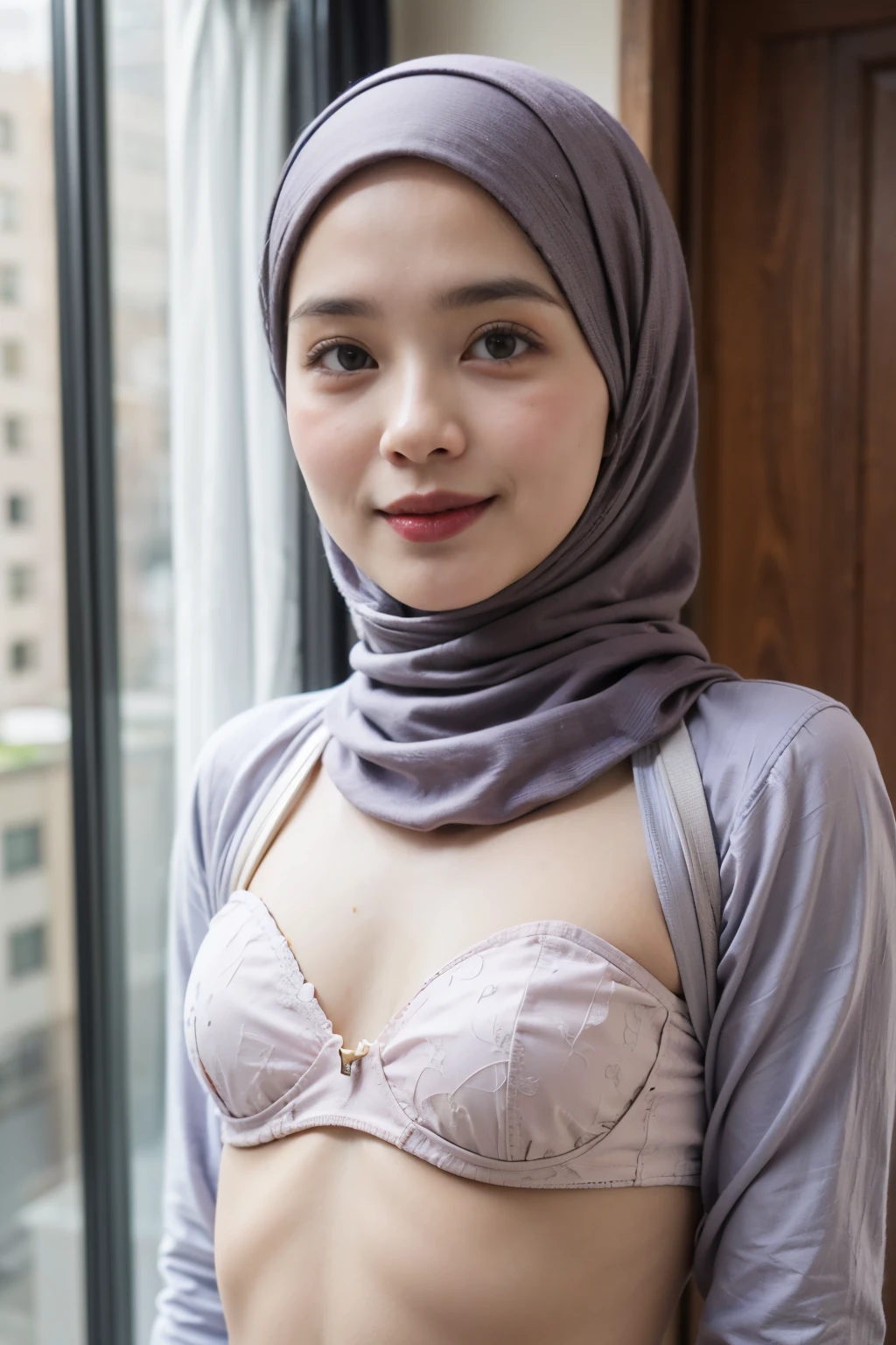 Wear Leggings, (Happy smile), (((HIJAB MALAY GIRL))), masutepiece, High quality, UHD 32K, Realistic face, Realistic skin feeling , A Japanese Lady, 8 years old, , Very cute and baby-like face, (((FLAT CHEST))), (MATRIX WORLD), ((look In front  at the camera and SADNESS)), ((())), (((CUTE GIRL))), ((RED LIPS)), ((Floral Pattern)) little wearing strapless bra, strapless colorful bra