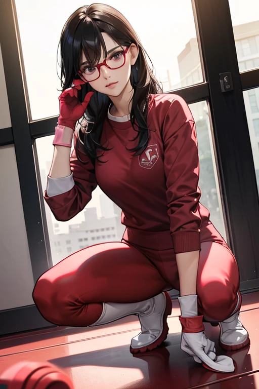 A dark-haired, glasses-wearing mature woman wearing a red long-sleeved gym uniform and red gym pants with pink rubber gloves and white rubber boots in a schoolyard