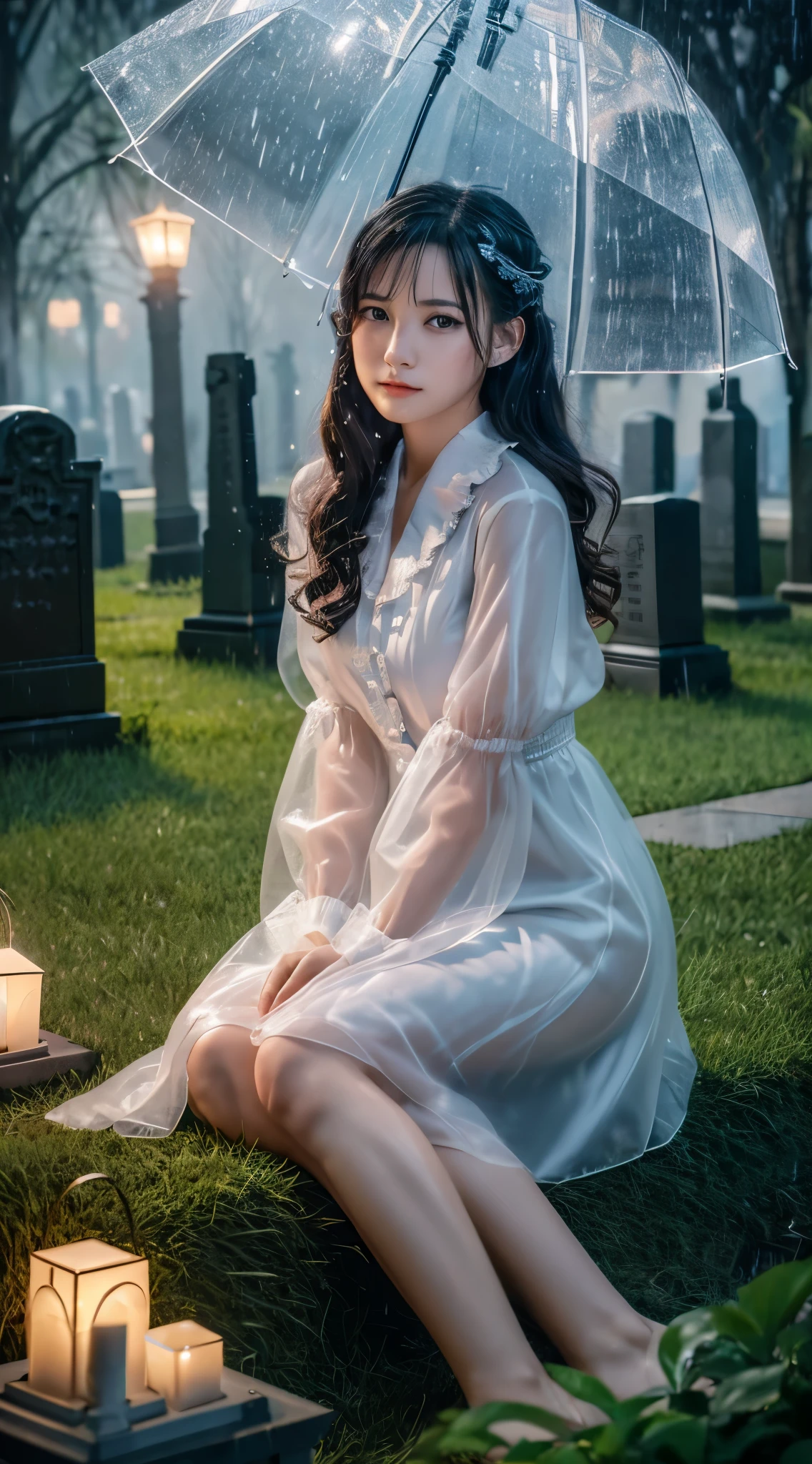 (Very detailed CG ユニティ 8k 壁紙), Beautiful young woman in the rain, dress, Sitting, Cemetery with lanterns, Style-Empire, (Style-Glass), (((Surrealism))), full_body_shot, dramatic, Backlight, light, Volumetric lighting, Detailed face, Very detailed, Painting
