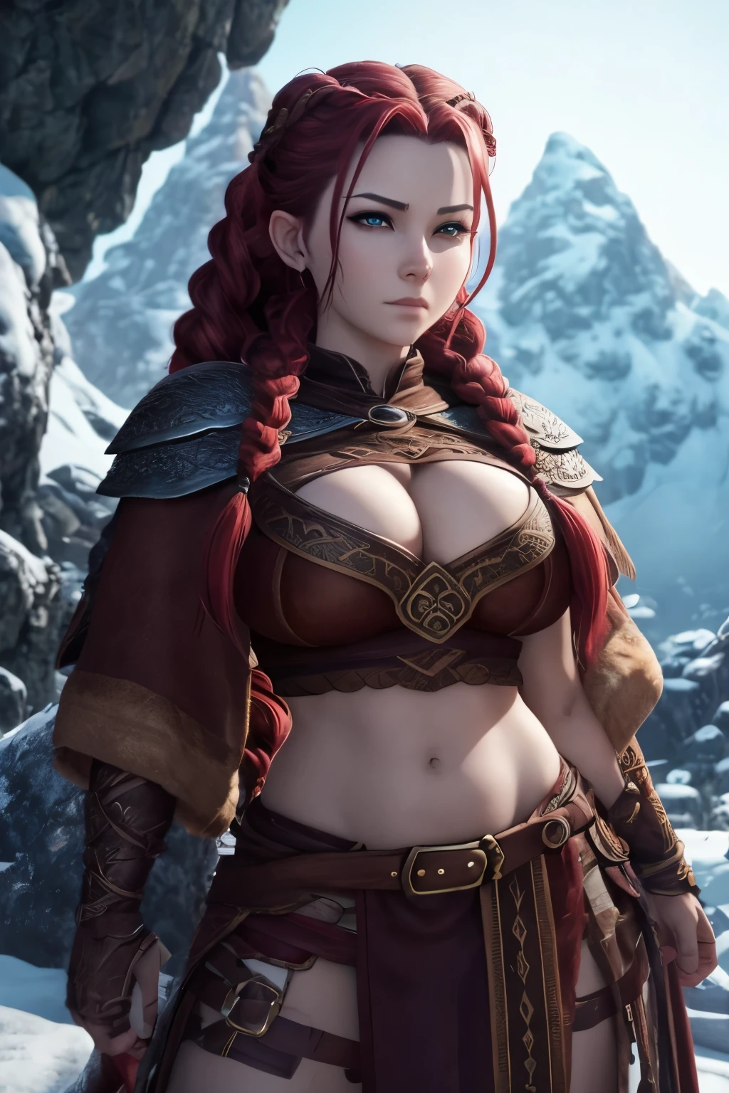 Beautiful Northen dwarf warrior Female, Fair Skin, Long red Braided hair, two braids, celtic tattoos, fur boots, ornate metal bikini armor, leather stripes loincloth, leather belt, on a snowy mountaintop, amazing beautiful athletic toned body, Beautiful D&D Character Portrait, Ominous, Dark Fantasy, Detailed, Fiverr Dnd Character, Octane Render, Digital Art, Extreme Detail, 4k, Ultra Hd, Polished, Beautiful, Hyperdetailed, Intricate, Elaborate, Meticulous, Anime Character, Detailed, Sharp Focus, Wlop, Character Design, Unreal Engine, 3d Rendered, Volumetric Lighting, Reflections, Glossy, Digital Illustration,Unreal Engine, 3d Rendered, Volumetric Lighting, Reflections, Glossy, Digital Illustration, Sensual Pose, Suggestive Pose, Full Body Shot, anatomically correct 💖❤💕💋❣