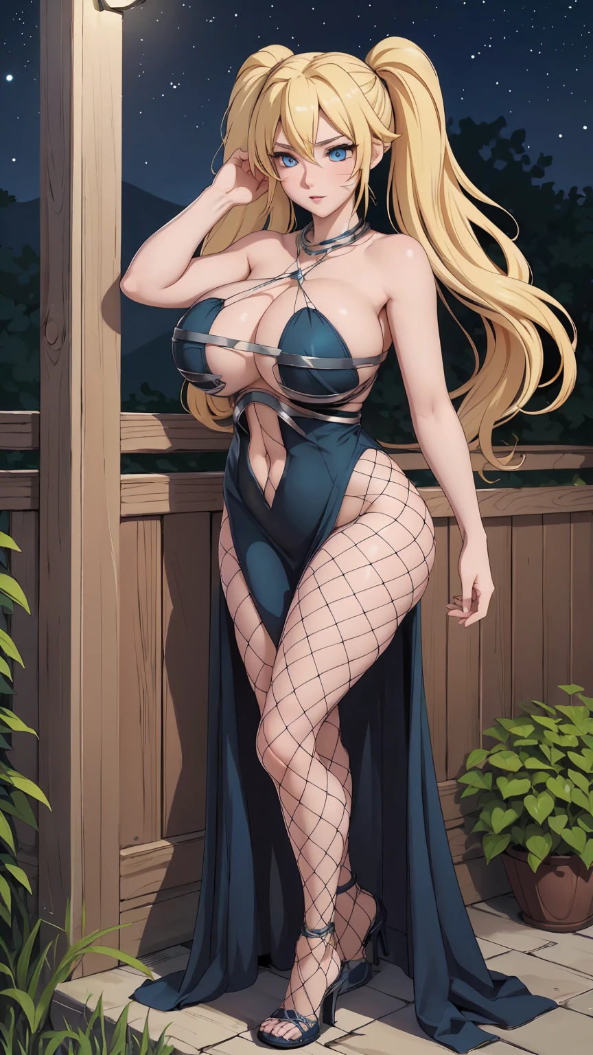masterpiece, ultra high-quality, extremely detail 8k cg, high resolution, 1girl, narukouzumaki, twintails, wisker marks, blonde hair, blue eyes, perfect eyes, thin body, huge breasts, fakebreasts, evening gown, halterneck, criss-cross halter, tutututu, fishnet pantyhose, high heels, choker, beautiful face, outdoors, garden, night time, full shot photo, full body