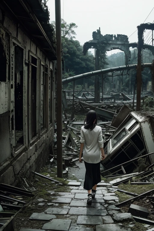 amusement park,moss,Collapse,Devastation,Inside the ruins is narrow,Showa,Glasses,Women,adventure,Black and White,