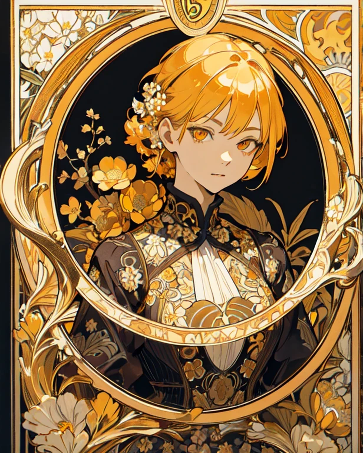 (highres, ultra detailed), 1girl, mature woman, intricate details, enlarged textures, intricate details, finely detailed eyes and detailed face, honey yellow hair, (closed mouth), perfect eyes,
bright yellow color eyes, art nouveau style, flower back plate, face focus,