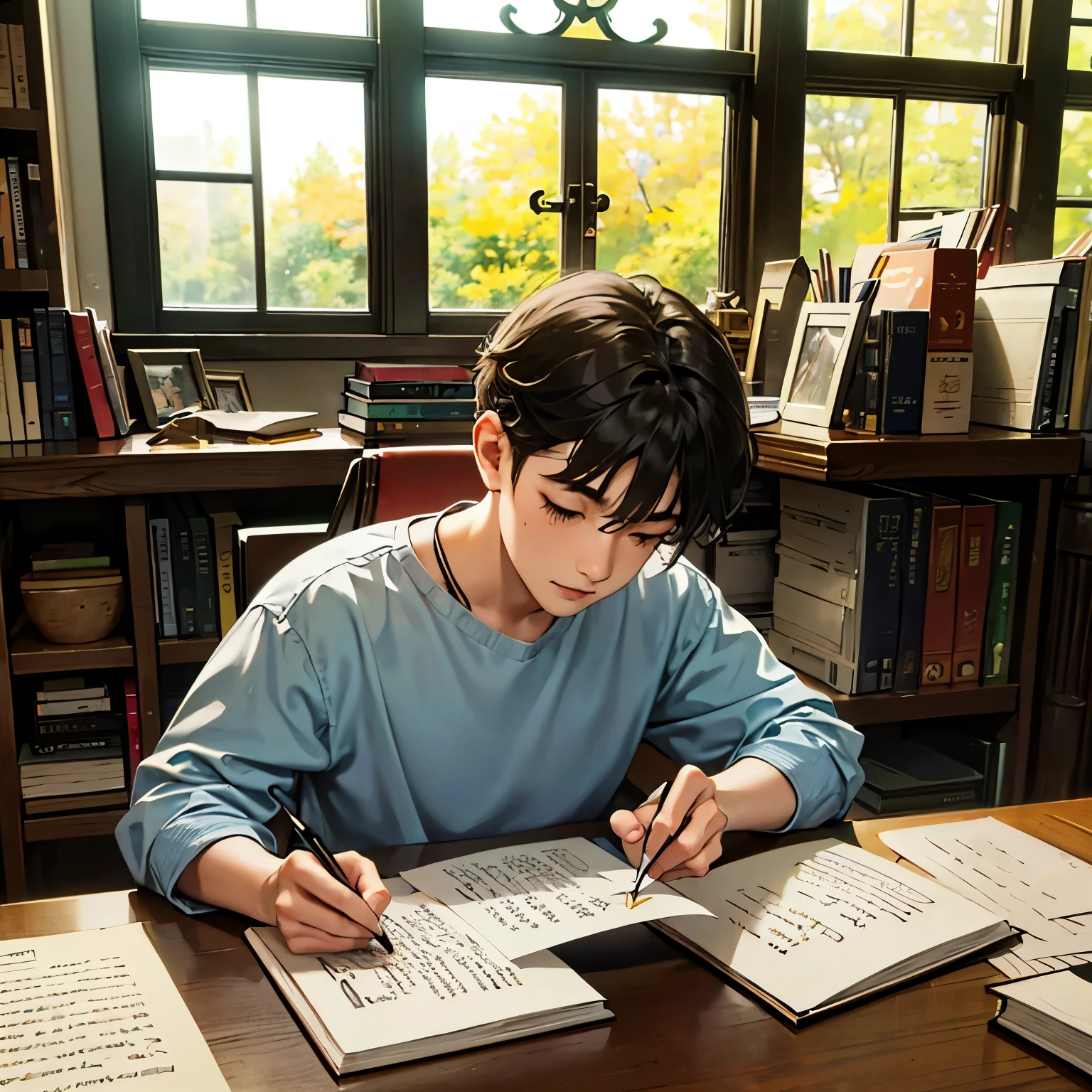 An Asian youth is writing a letter, The boy is 25 years old, Large desk, bright windows, There are a lot of grasslands outside the window, Believe a lot, Wrote a lot, confiante,The sunlight,Just him,book case