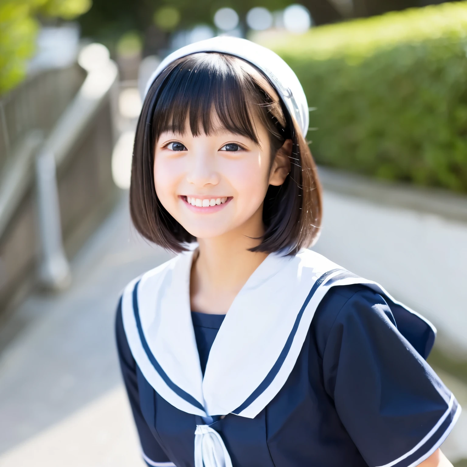 One girl、Black Hair、Japanese、bangs、Sailor suit、Seaside、